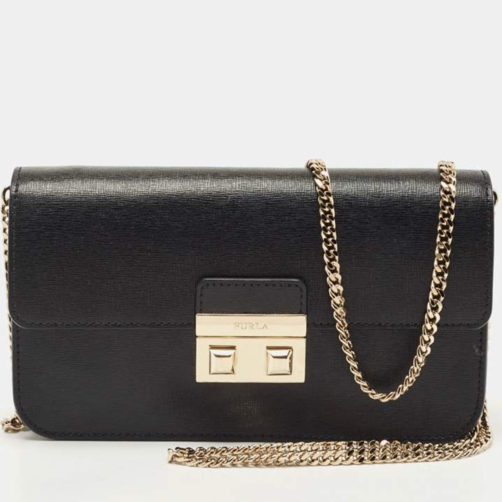 New Furla Bella Mini Black Leather Crossbody Bag With Gold Chain